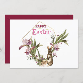 Happy Easter | Pasen Bunny Violet Magnolia Wreath Feestdagenkaart