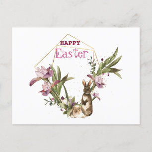 Happy Easter Pasen Bunny Violet Magnolia Wreath Feestdagenkaart