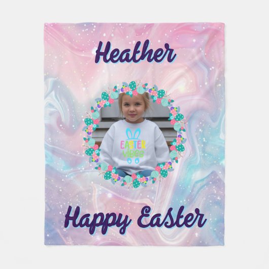 Happy Easter Pastel Floral Custom Kid Photo Name Fleece Deken (Voorkant)