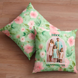 Happy Easter Pastel Roze & Groene Bloemen Foto Kussen