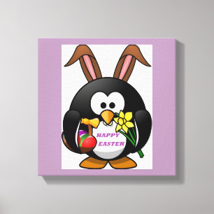 "HAPPY EASTER" PENGUIN BUNNY CANVAS AFDRUK