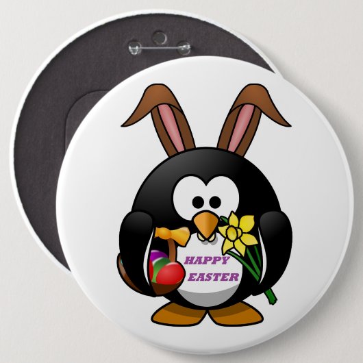 "HAPPY EASTER" PENGUIN BUNNY RONDE BUTTON 6,0 CM (Voorkant /achterkant)