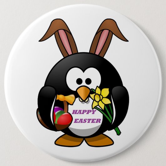 "HAPPY EASTER" PENGUIN BUNNY RONDE BUTTON 6,0 CM (Voorkant)