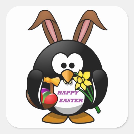 "HAPPY EASTER" PENGUIN BUNNY VIERKANTE STICKER (Voorkant)