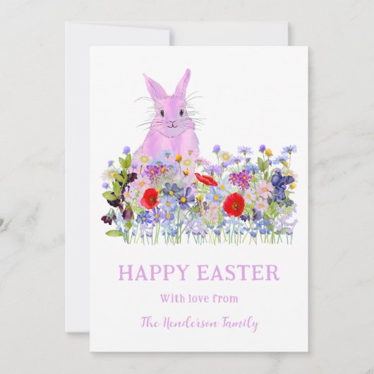 Happy Easter Pink Bunny Boho Wildflower Waterverf Feestdagenkaart (Voorkant)