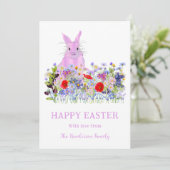Happy Easter Pink Bunny Boho Wildflower Waterverf Feestdagenkaart (Staand voorkant)