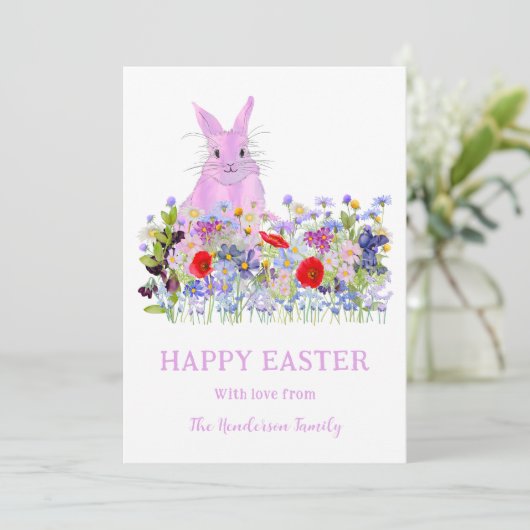 Happy Easter Pink Bunny Boho Wildflower Waterverf Feestdagenkaart (Staand voorkant)