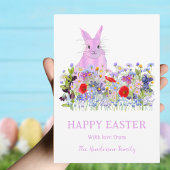 Happy Easter Pink Bunny Boho Wildflower Waterverf Feestdagenkaart