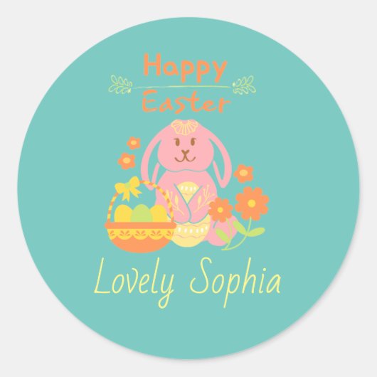 Happy Easter Pink Bunny Classic Ronde Sticker (Voorkant)