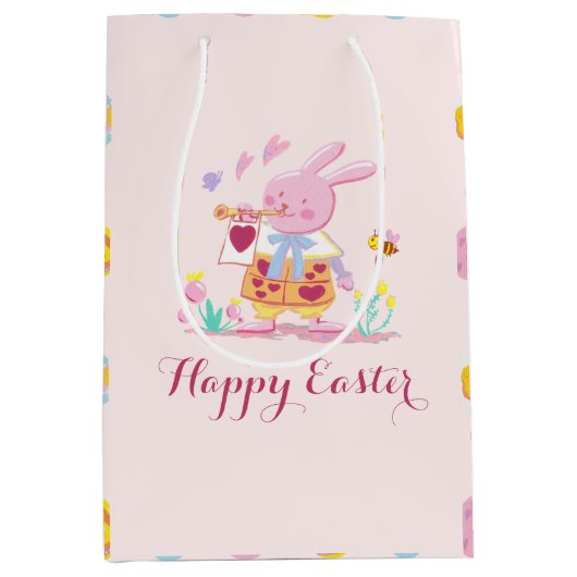 Happy Easter Pink Bunny Garden Egg Hunting Medium Cadeauzakje (Voorkant)