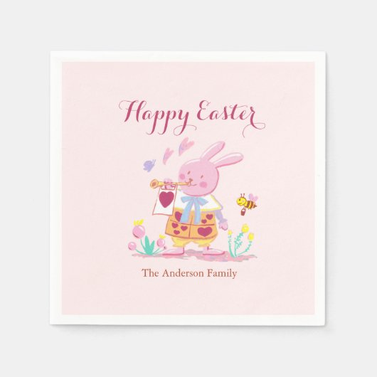 Happy Easter Pink Bunny in Garden Baby Pink Servet (Voorkant)
