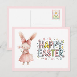 Happy Easter Pink Bunny Postcard Feestdagenkaart