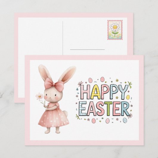 Happy Easter Pink Bunny Postcard Feestdagenkaart (Voorkant / Achterkant)
