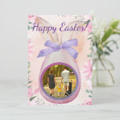 Happy Easter pink egg with bow insert photo Kaart (Staand voorkant)