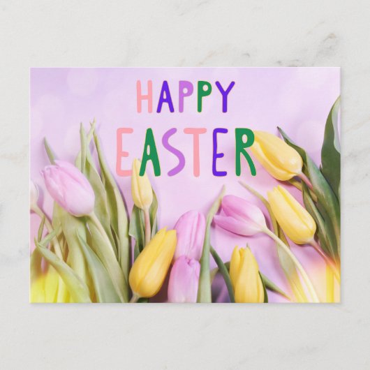 Happy Easter Pink en Yellow Tulip Flowers Briefkaart (Voorkant)