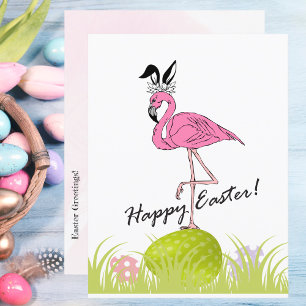 Happy Easter Pink Flamingo Bunny Ears and Eggs Briefkaart