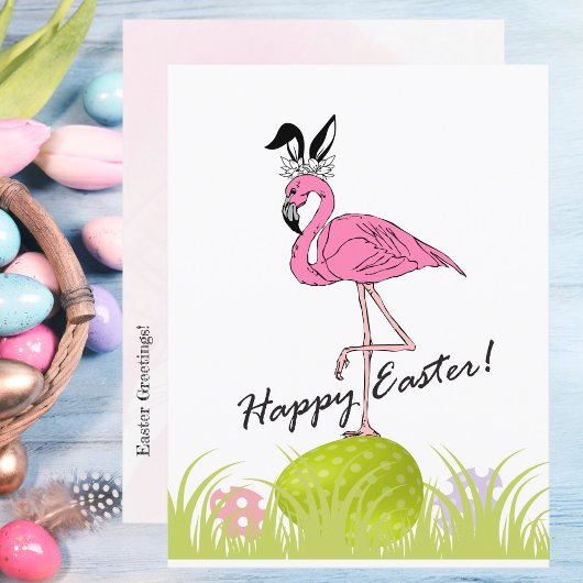 Happy Easter Pink Flamingo Bunny Ears and Eggs Briefkaart