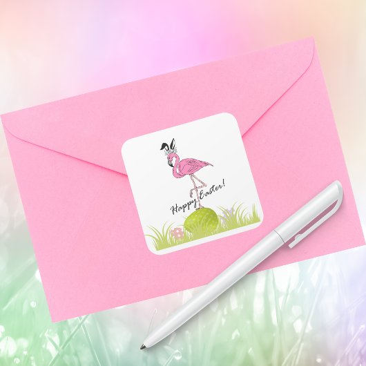 Happy Easter Pink Flamingo Bunny Ears and Eggs Vierkante Sticker