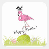 Happy Easter Pink Flamingo Bunny Ears and Eggs Vierkante Sticker (Voorkant)