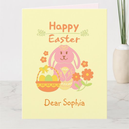 Happy Easter Pink Rabbit and Flowers Kaart (Voorkant)