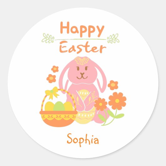 Happy Easter Pink Rabbit en Flowers Classic Roun Ronde Sticker (Voorkant)