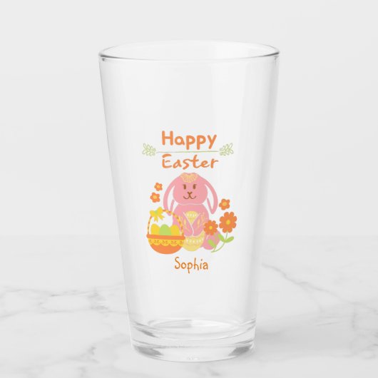 Happy Easter Pink Rabbit en Flowers Glas (Voorkant)
