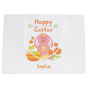 Happy Easter Pink Rabbit en Flowers Groot Cadeauzakje