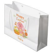 Happy Easter Pink Rabbit en Flowers Groot Cadeauzakje (Voorkant Gekanteld)