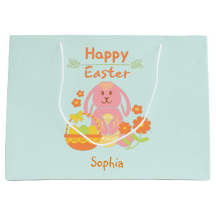 Happy Easter Pink Rabbit en Flowers Groot Cadeauzakje