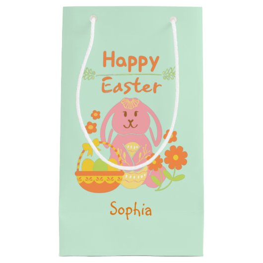 Happy Easter Pink Rabbit en Flowers Klein Cadeauzakje (Voorkant)