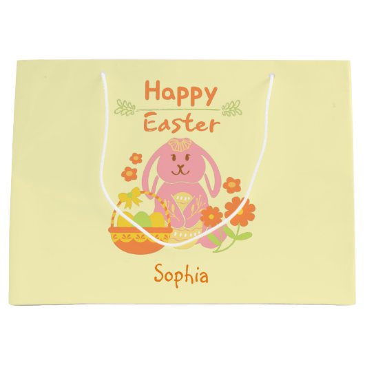 Happy Easter Pink Rabbit en Flowers Large Gift B Groot Cadeauzakje (Voorkant)