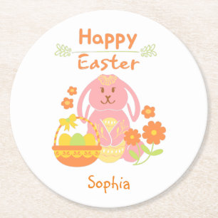 Happy Easter Pink Rabbit en Flowers Ronde Kartonnen Onderzetter