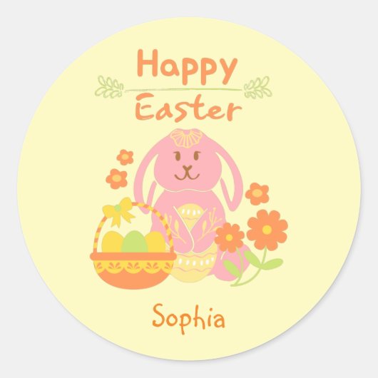 Happy Easter Pink Rabbit en Flowers Ronde Sticker (Voorkant)