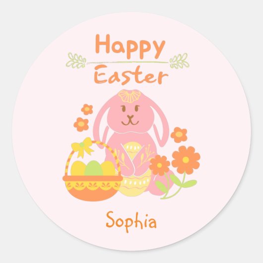 Happy Easter Pink Rabbit en Flowers Ronde Sticker (Voorkant)