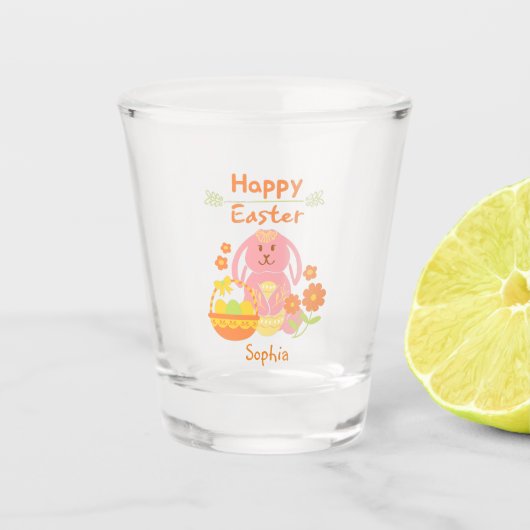 Happy Easter Pink Rabbit en Flowers Shot Glass Glas (Voorkant)