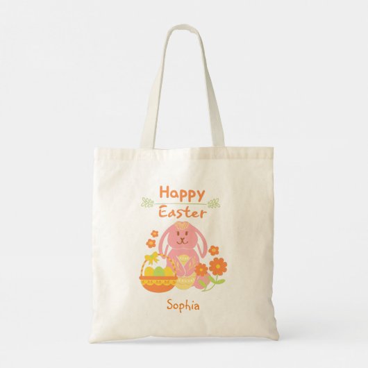 Happy Easter Pink Rabbit en Flowers Tote Bag (Achterkant)
