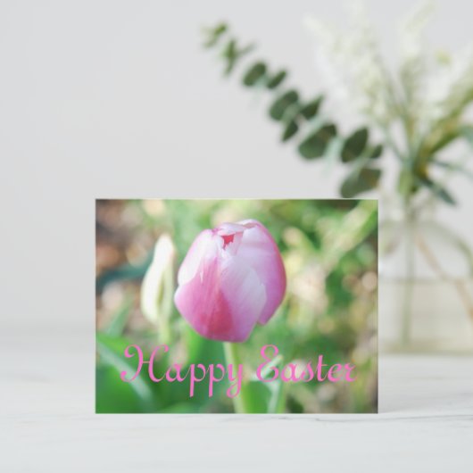 Happy Easter Pink Tulip Feestdagenkaart (Staand voorkant)