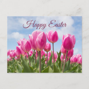Happy Easter Pink Tulip Flowers Briefkaart