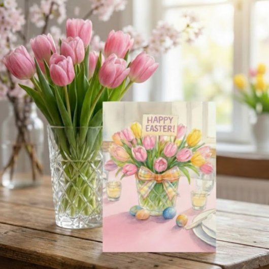Happy Easter Pink Tulips Family Greeting Card