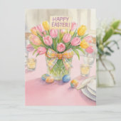 Happy Easter Pink Tulips Family Greeting Card (Staand voorkant)