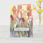 Happy Easter Pink Tulpen Daffodil Waterverf Kaart (Gele Bloem)
