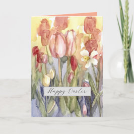 Happy Easter Pink Tulpen Daffodil Waterverf Kaart