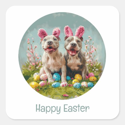 Happy Easter Pit Bull Dogs Vierkante Sticker (Voorkant)