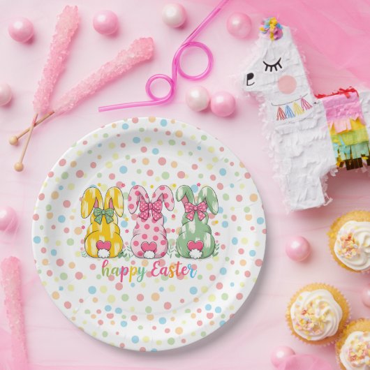 Happy Easter Polka Dot Easter Bunnies Papieren Bordje (Feest)