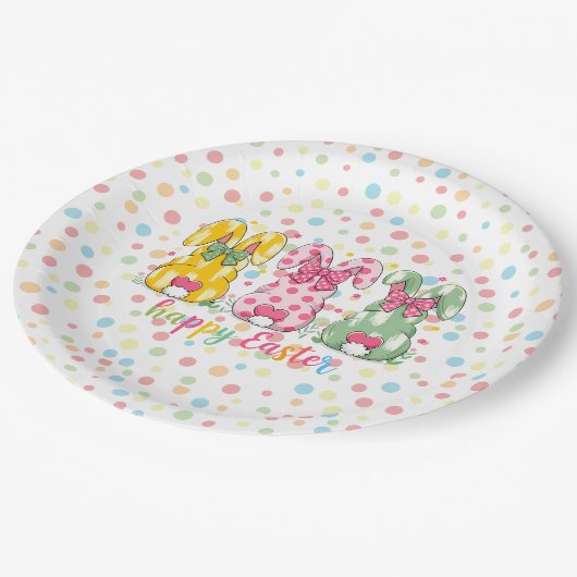 Happy Easter Polka Dot Easter Bunnies Papieren Bordje (Gekanteld)