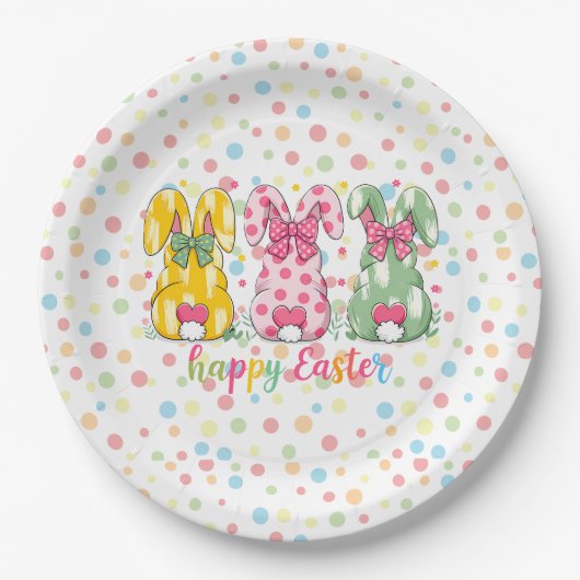 Happy Easter Polka Dot Easter Bunnies Papieren Bordje (Voorkant)