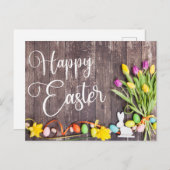 Happy Easter Postcard Wood Background Flowers Briefkaart (Voorkant / Achterkant)