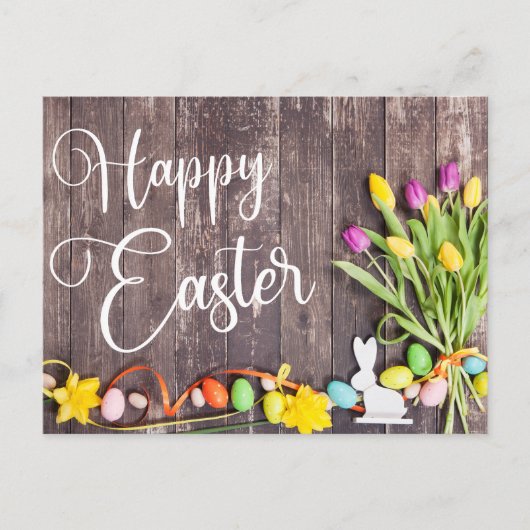Happy Easter Postcard Wood Background Flowers Briefkaart (Voorkant)