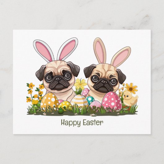 Happy Easter Pug Dogs Bunny Ears Briefkaart (Voorkant)