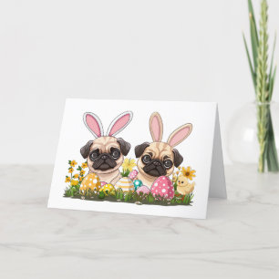 Happy Easter Pug Dogs Bunny Ears Feestdagen Kaart
